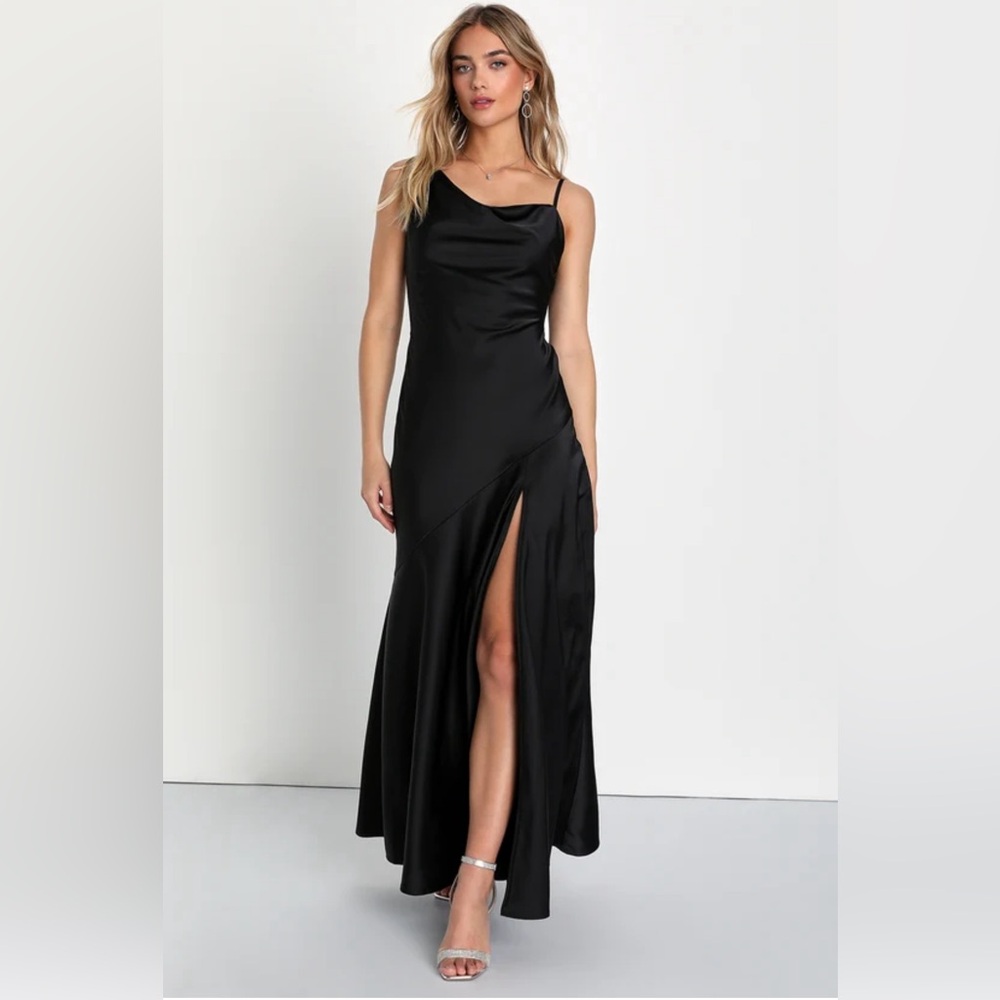 Lulu’s Black Satin Asymmetrical Maxi Dress